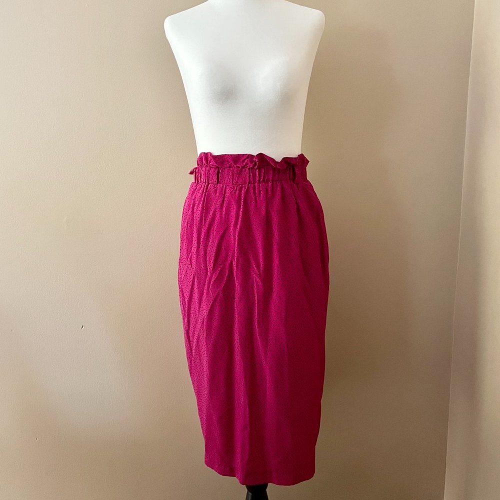 Vintage Pink Silk Skirt with Black Polka Dots and Ruffled Detail